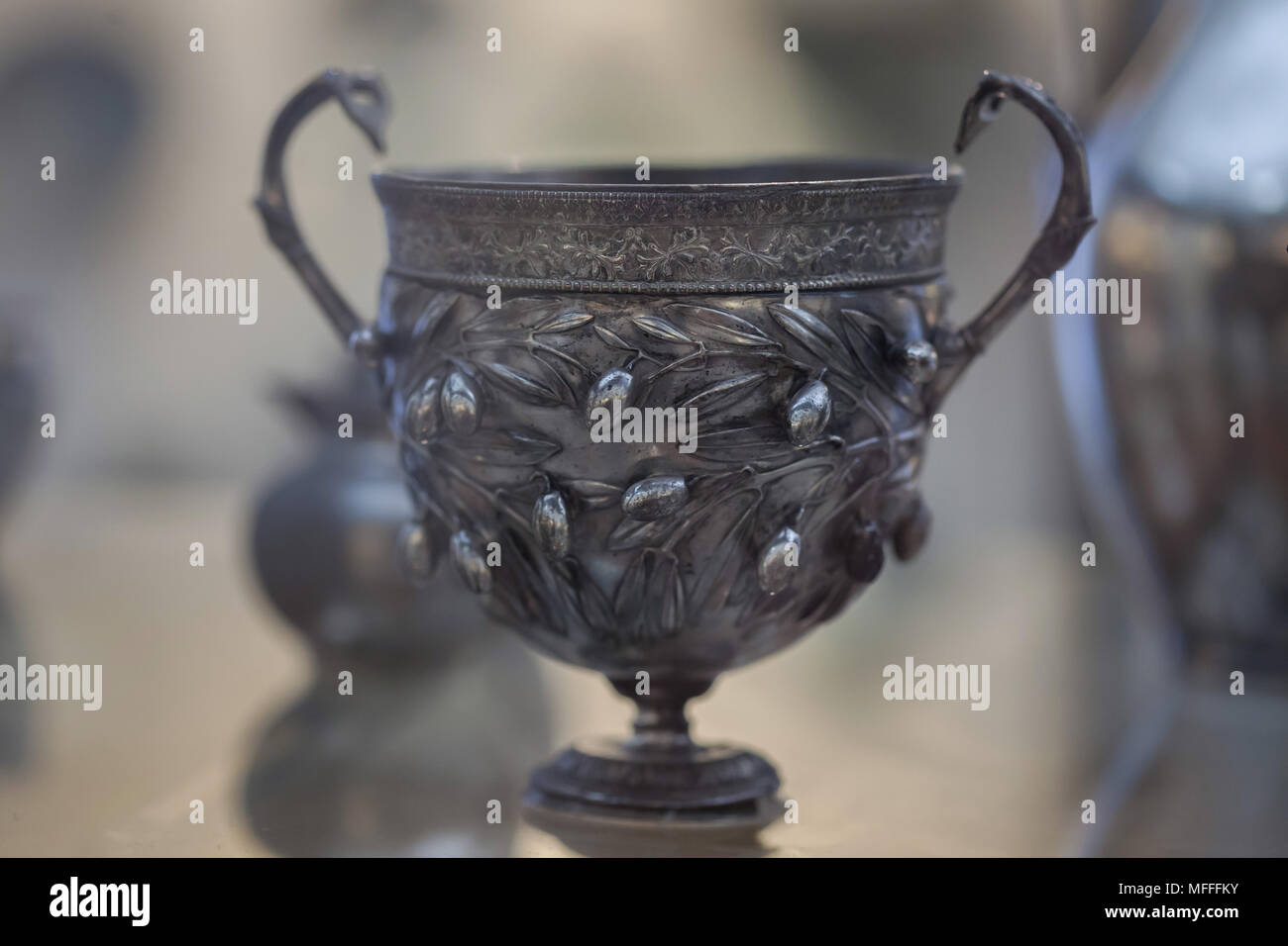 Olive branches depicted in the Roman silver goblet found in the Casa del Menandro (House of Menander) in Pompeii on display in the National Archaeological Museum (Museo Archeologico Nazionale di Napoli) in Naples, Campania, Italy. Stock Photo
