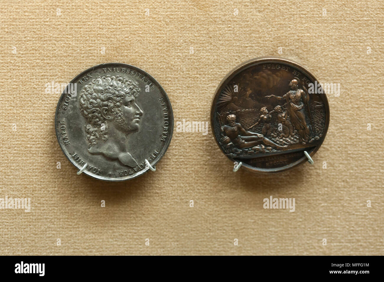 Commemorative medal for the reorganization of the University of Naples by Joachim Murat (1811) on display in the National Archaeological Museum (Museo Archeologico Nazionale di Napoli) in Naples, Campania, Italy. Stock Photo