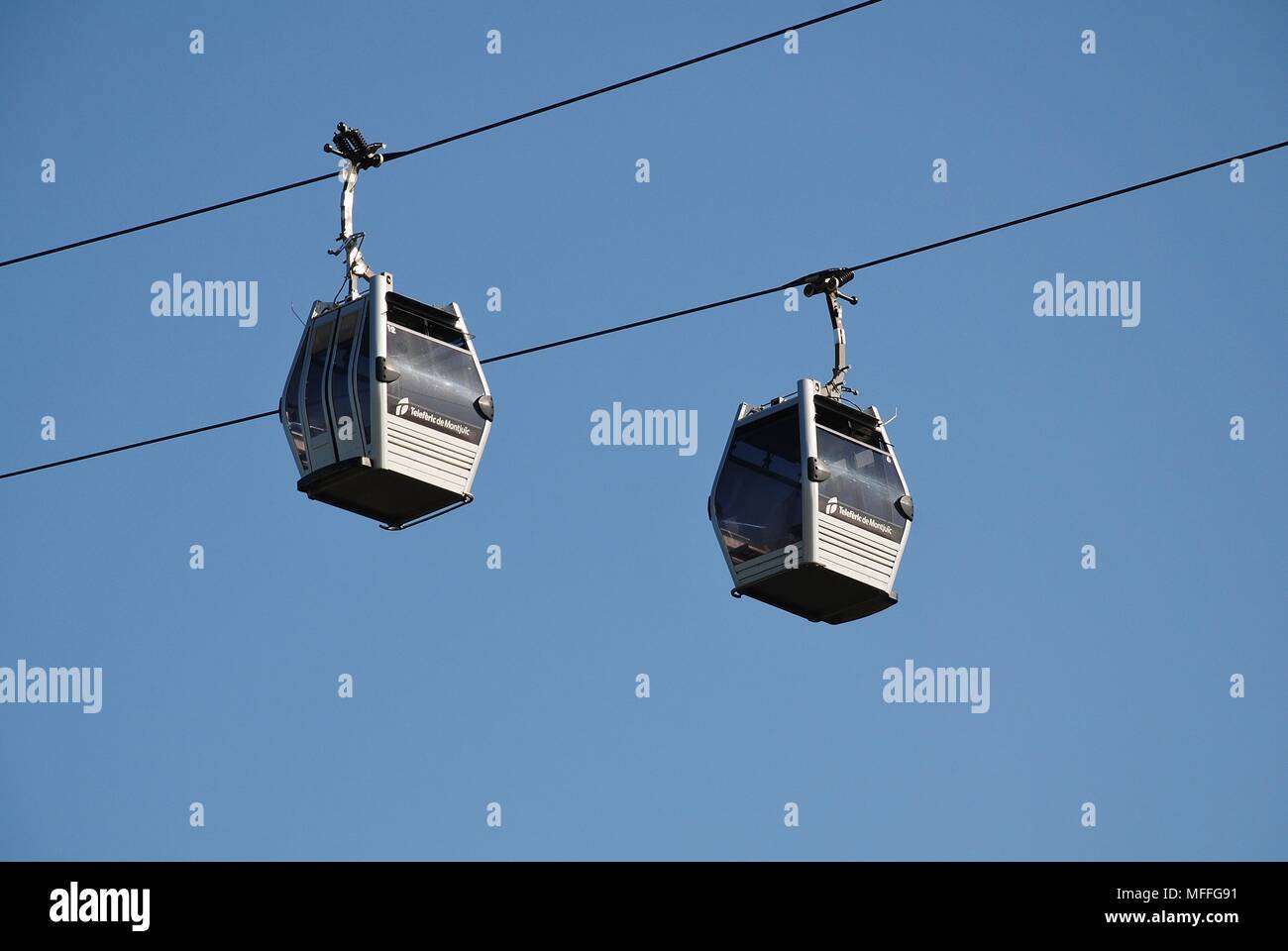 The Teleferic cable car line at Montjuic hill in Barcelona, Spain on