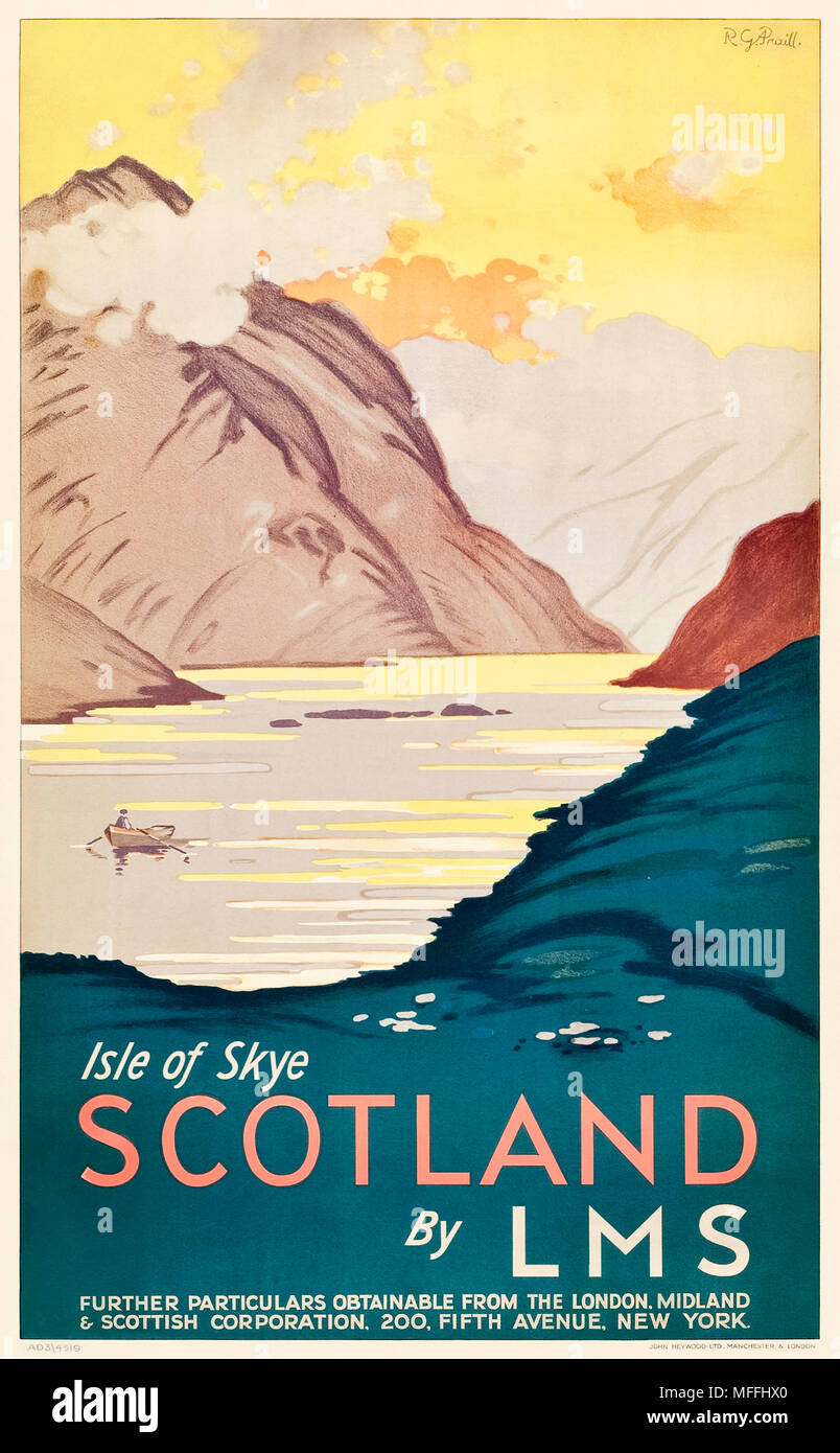 ‘Isle of Skye – Scotland by LMS’ 1933 Tourism Poster for the American market featuring a rowing boat on Loch Coruisk with  the Black Cuillin Mountains. Artwork by R.G. Praill for the London, Midland and Scottish Railway. Stock Photo