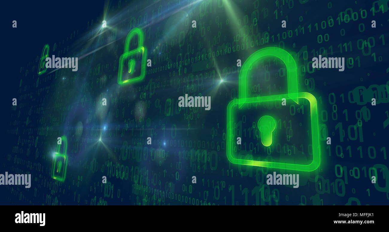 Big green internet padlock on digital in background. Network security concept. Stock Photo