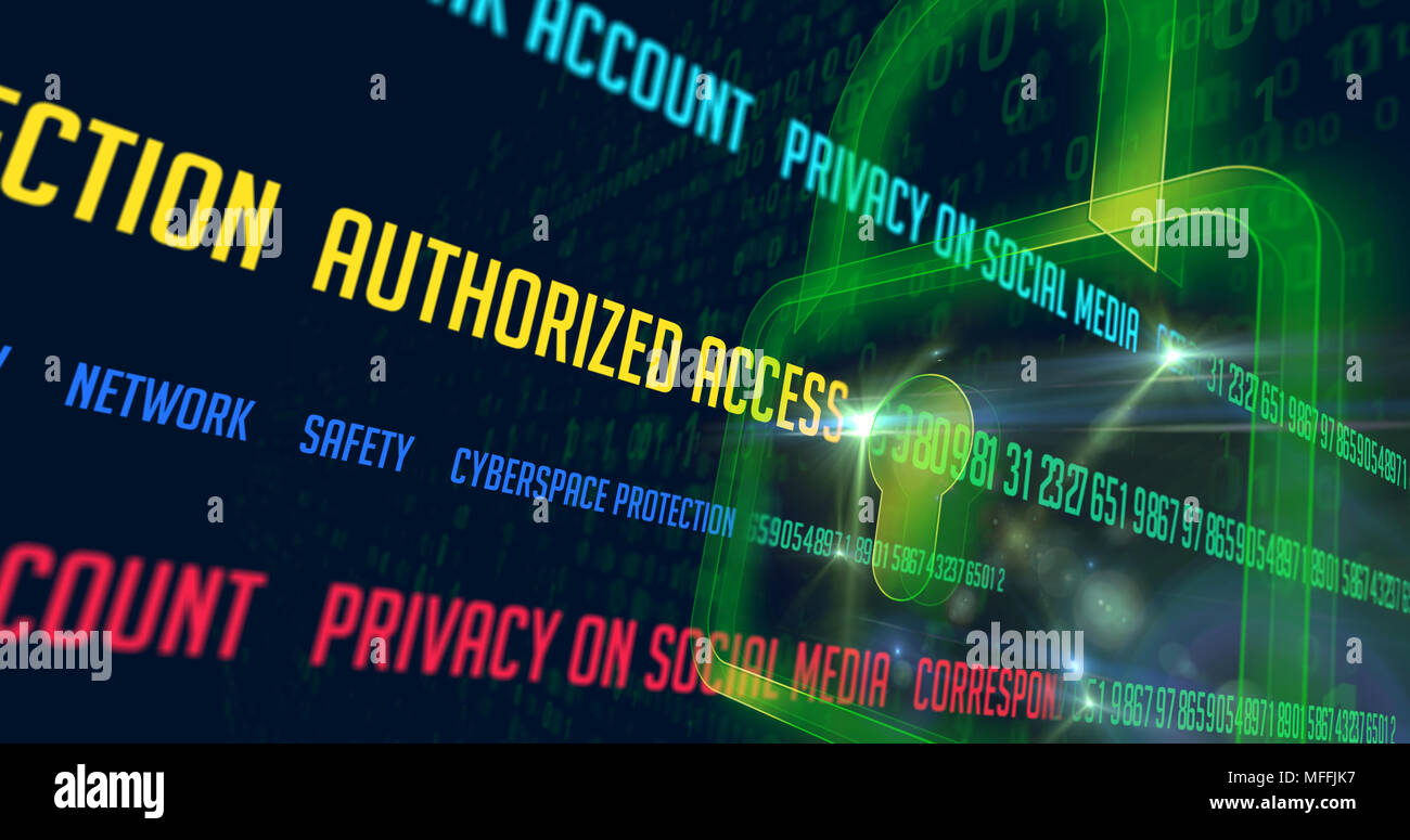 Cyber security buzzwords coding for numbers by green padlock Stock Photo
