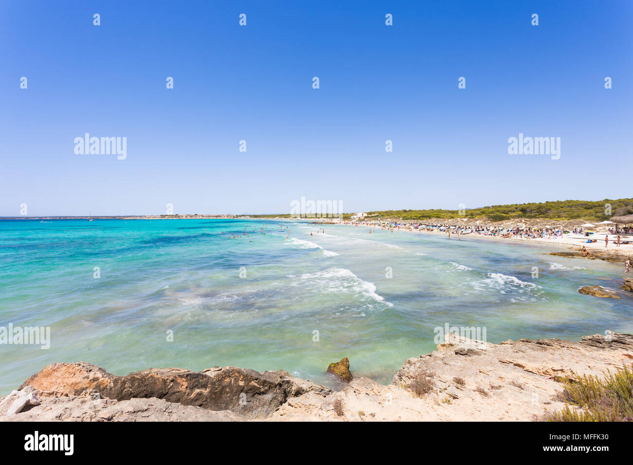 Platja d'es Trenc, Mallorca, Spain - Far view onto turquoise water at the beach of Platja d'es Trenc Stock Photo