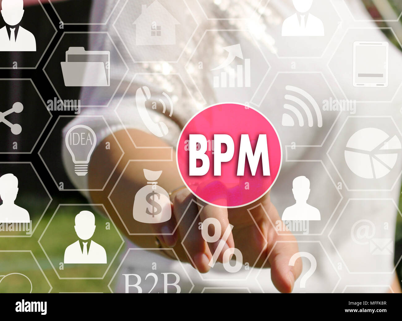 Businesswoman pushes a button BPM, Business Process Management on the touch screen Stock Photo
