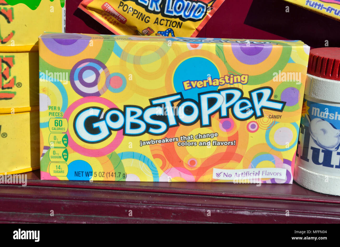 Gobstopper sweets packet in a shop window. Stock Photo