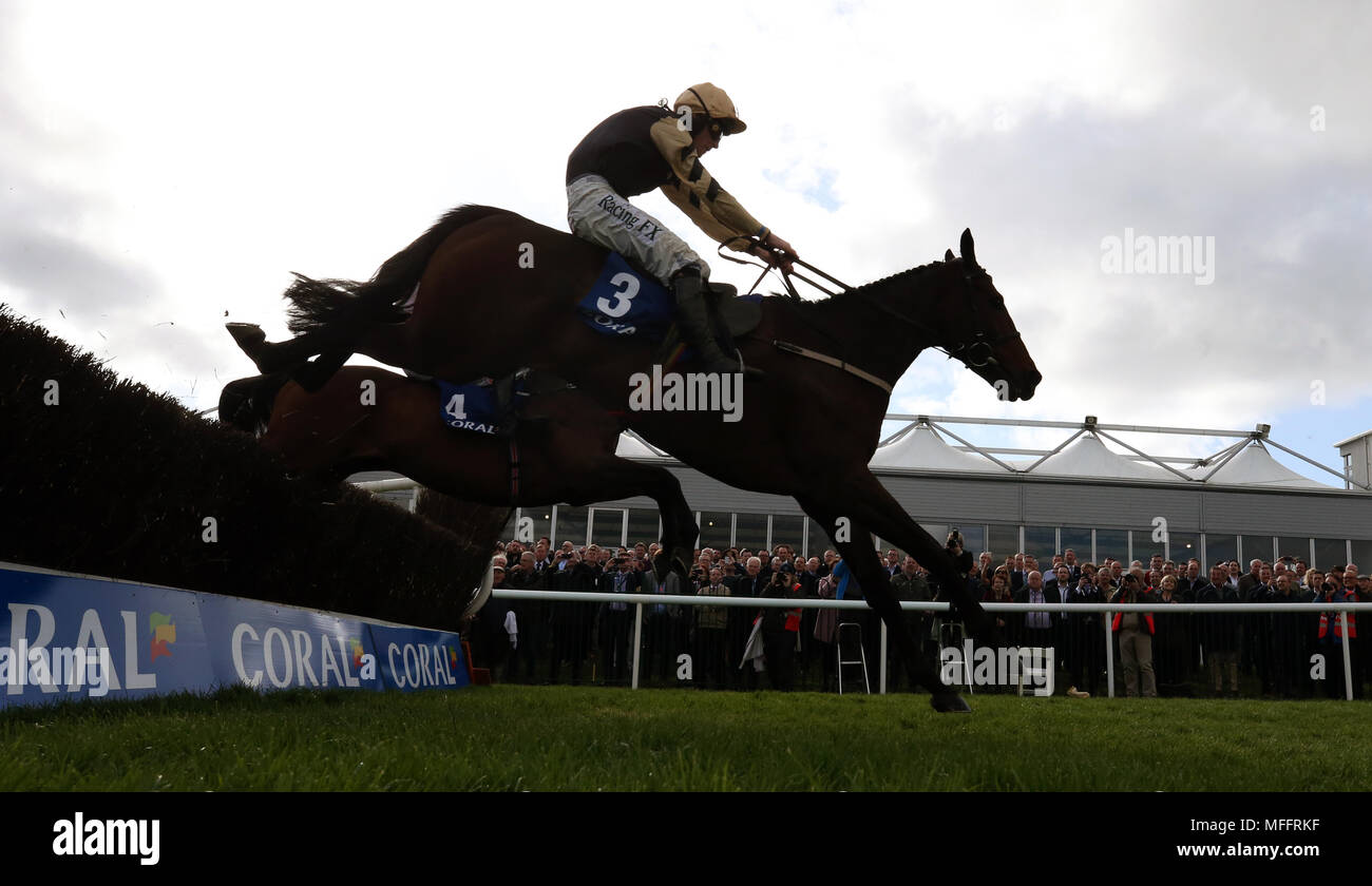 Bellshill ridden by David Mullins jump the last to win the Coral Punchestown Gold Cup during day two of the Punchestown Festival 2018 at Punchestown Racecourse, County Kildare. Stock Photo