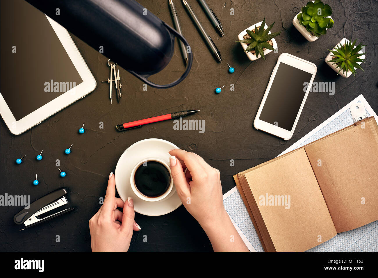 Architect working on blueprint. Architects workplace - architectural project, blueprints, tablet pc. Engineering tools. Top view Stock Photo