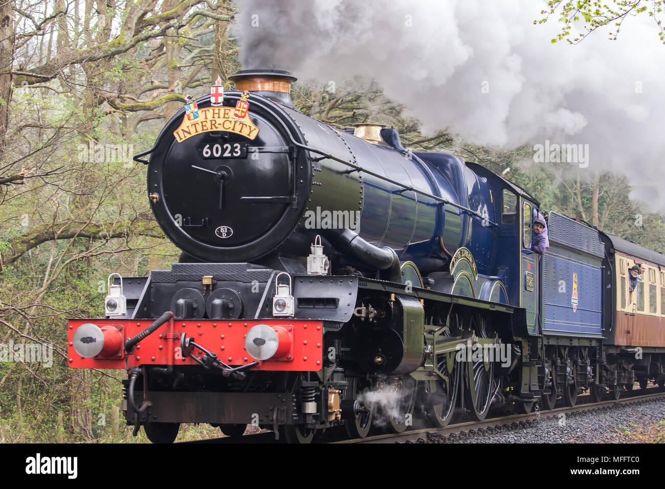 Close-up front view of vintage UK steam locomotive King Edward II, puffing through woodland countryside; springtime guest engine on SVR heritage line. Stock Photo