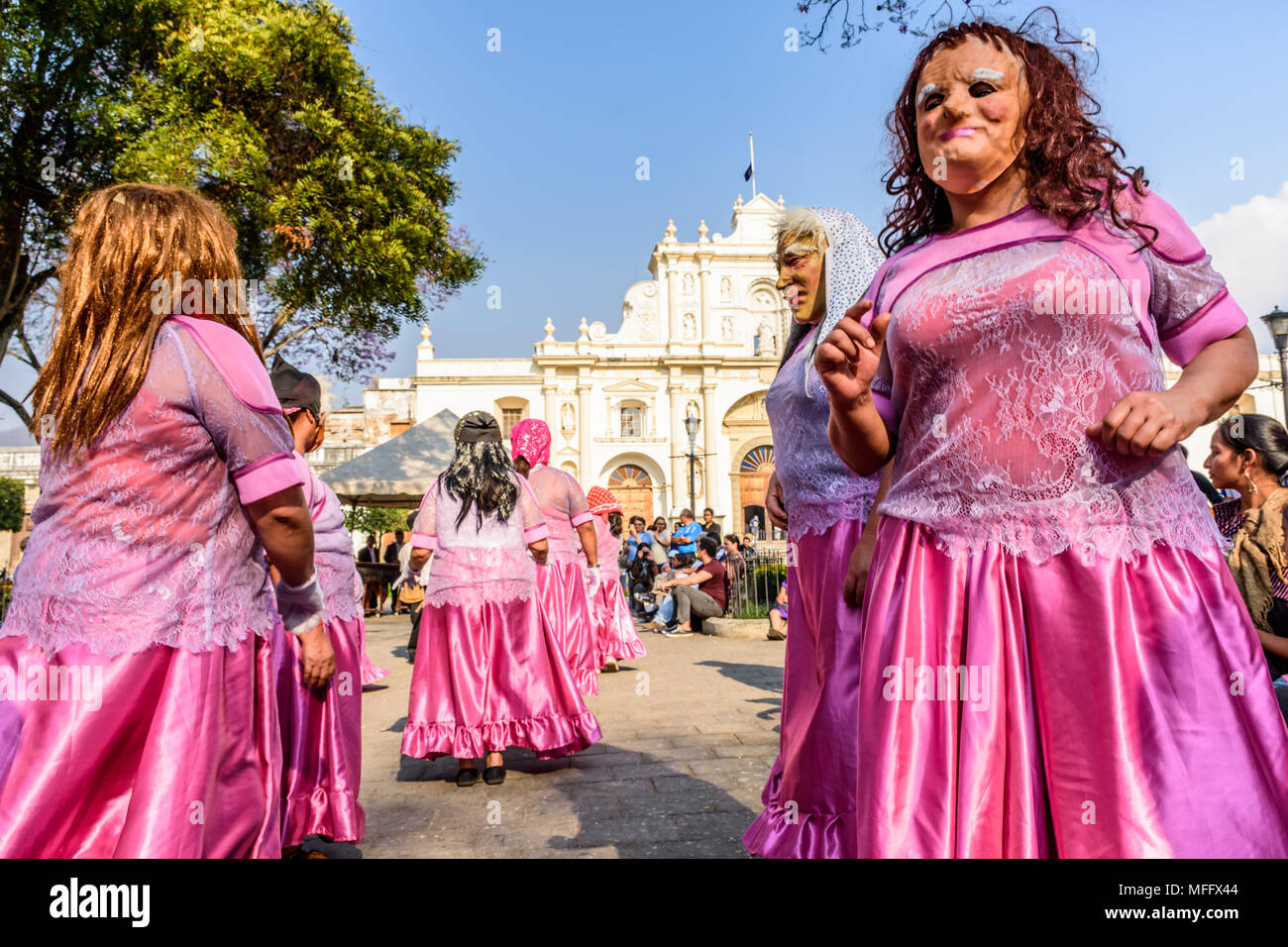 Antigua, Guatemala -  March 9, 2018: Dance of the grannies (Baile de las Abuelitas) a traditional folk dance in central plaza in front of cathedral Stock Photo