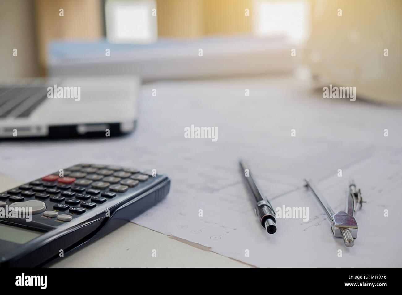 Desk of Engineering Project In Construction Site or Office. Construction Concept. Engineering Tools. Stock Photo