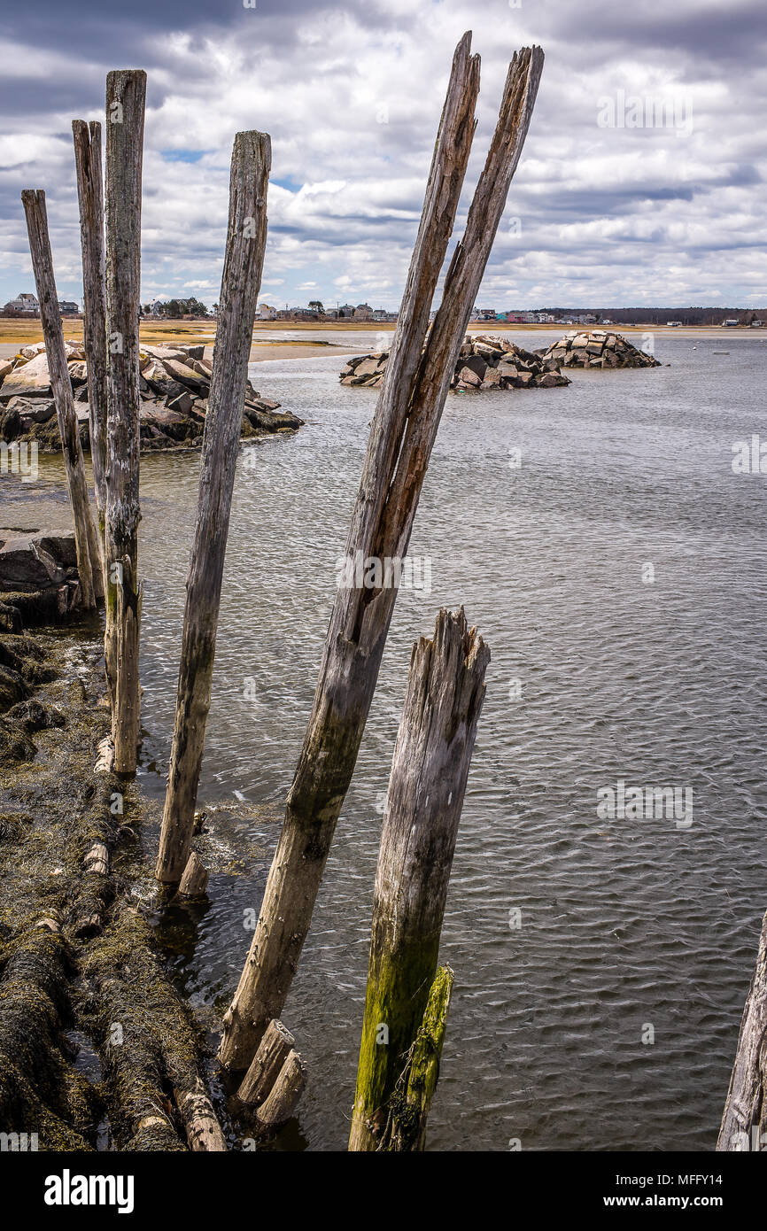 Years ago this pier went all the way to the middle of this river. When the big clipper ships came to load with salted fish,granite, wood, and lumber. Stock Photo