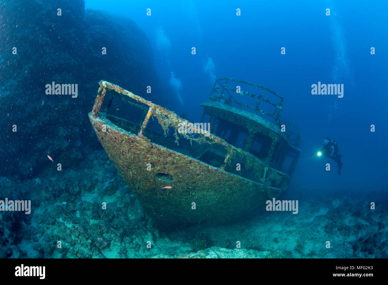 Scuba diver and Tomislav wreck, southwest part of the island of Lokrum, Dubrovnik, Croatia, Adriatic Sea, Mediterranean Stock Photo