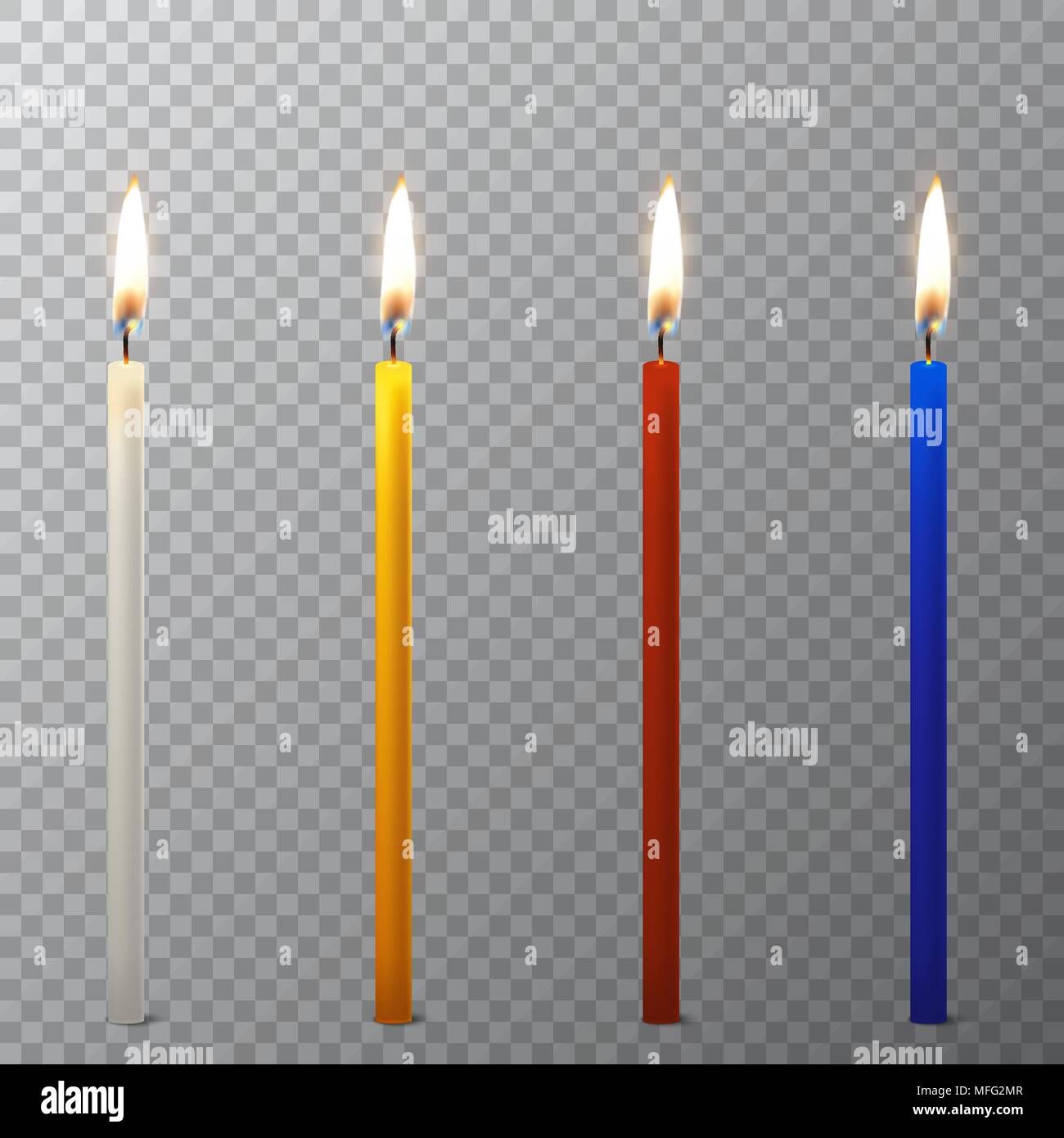 Vector 3d Realistic Different Paraffin Or Wax Burning Party Candle Icon Set Closeup Isolated On Transparency Grid Background White Orange Red Blue Design Template Clipart For Graphics Stock Vector Image Art