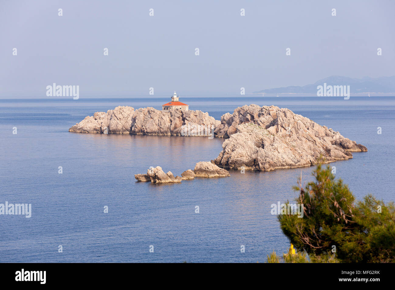 Grebeni island with the lighthouse built in 1872, Dubrovnik, Croatia, Adriatic Sea, Mediterranean Stock Photo