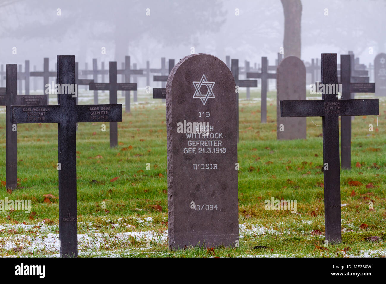 WW1 German Jewish Grave on a misty winters day. Stock Photo