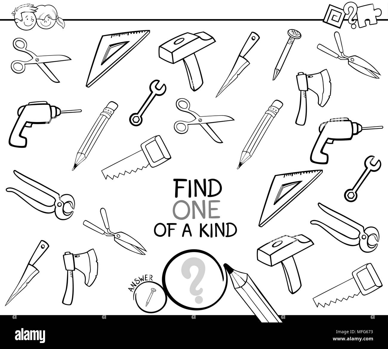 Black and White Cartoon Illustration of Find One of a Kind Picture Educational Activity Game for Children with Tools Objects Coloring Book Stock Vector