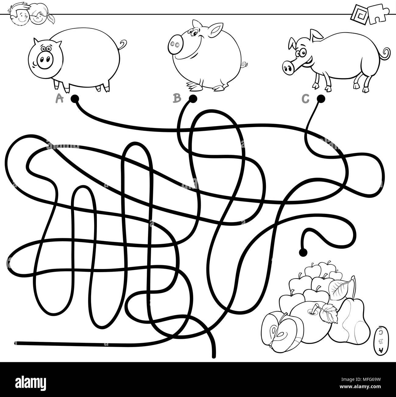 Black and White Cartoon Illustration of Paths or Maze Puzzle Activity Game with Pigs Farm Animal Characters Coloring Book Stock Vector