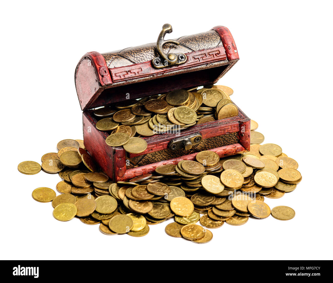 Open treasure chest with gold coins isolated on white Stock Photo