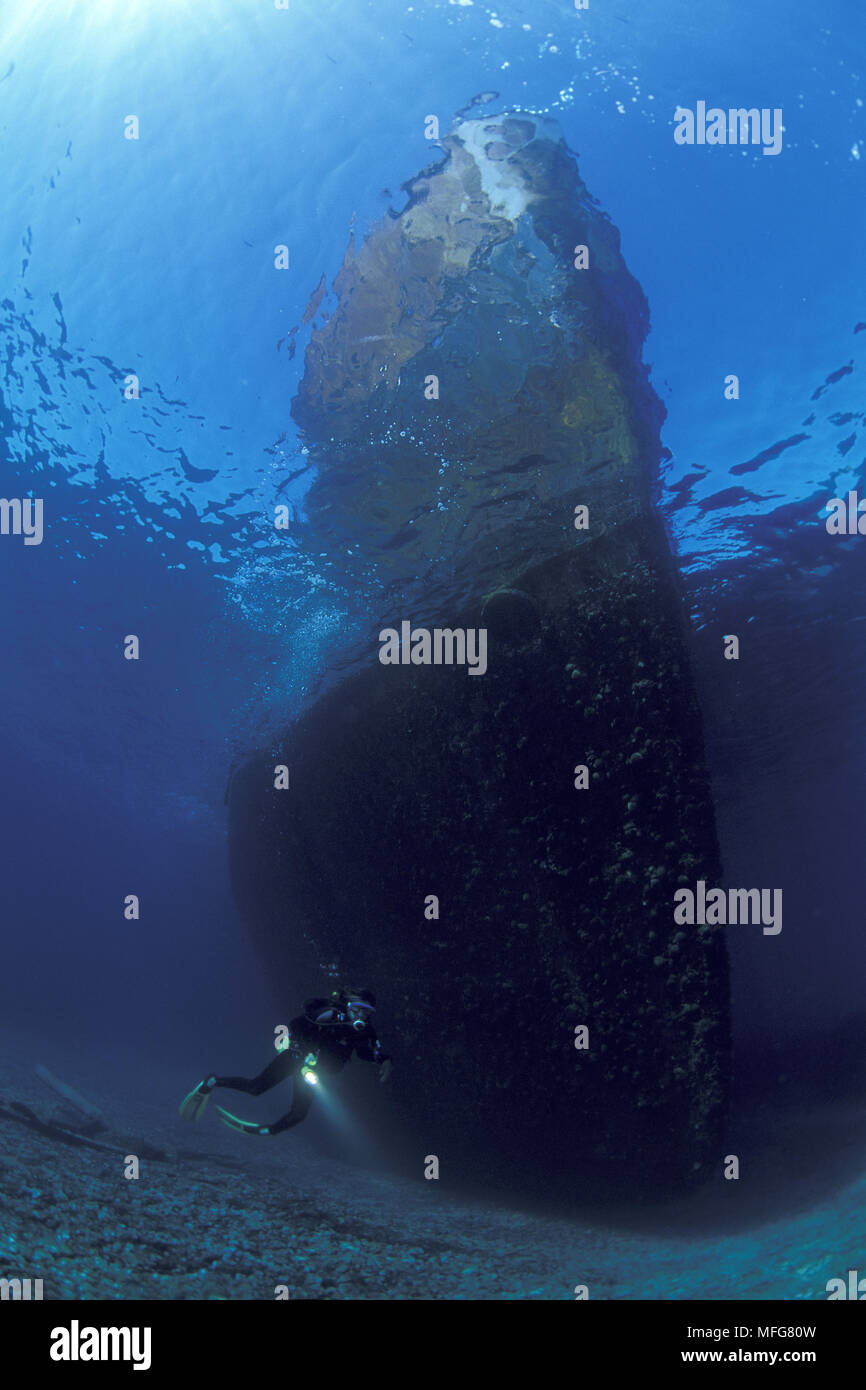 scuba diver exploring wreck, Ist Island, Croatia, Adriatic Sea, Mediterranean  Date: 22.07.08  Ref: ZB777 117110 0018  COMPULSORY CREDIT: Oceans-Image Stock Photo
