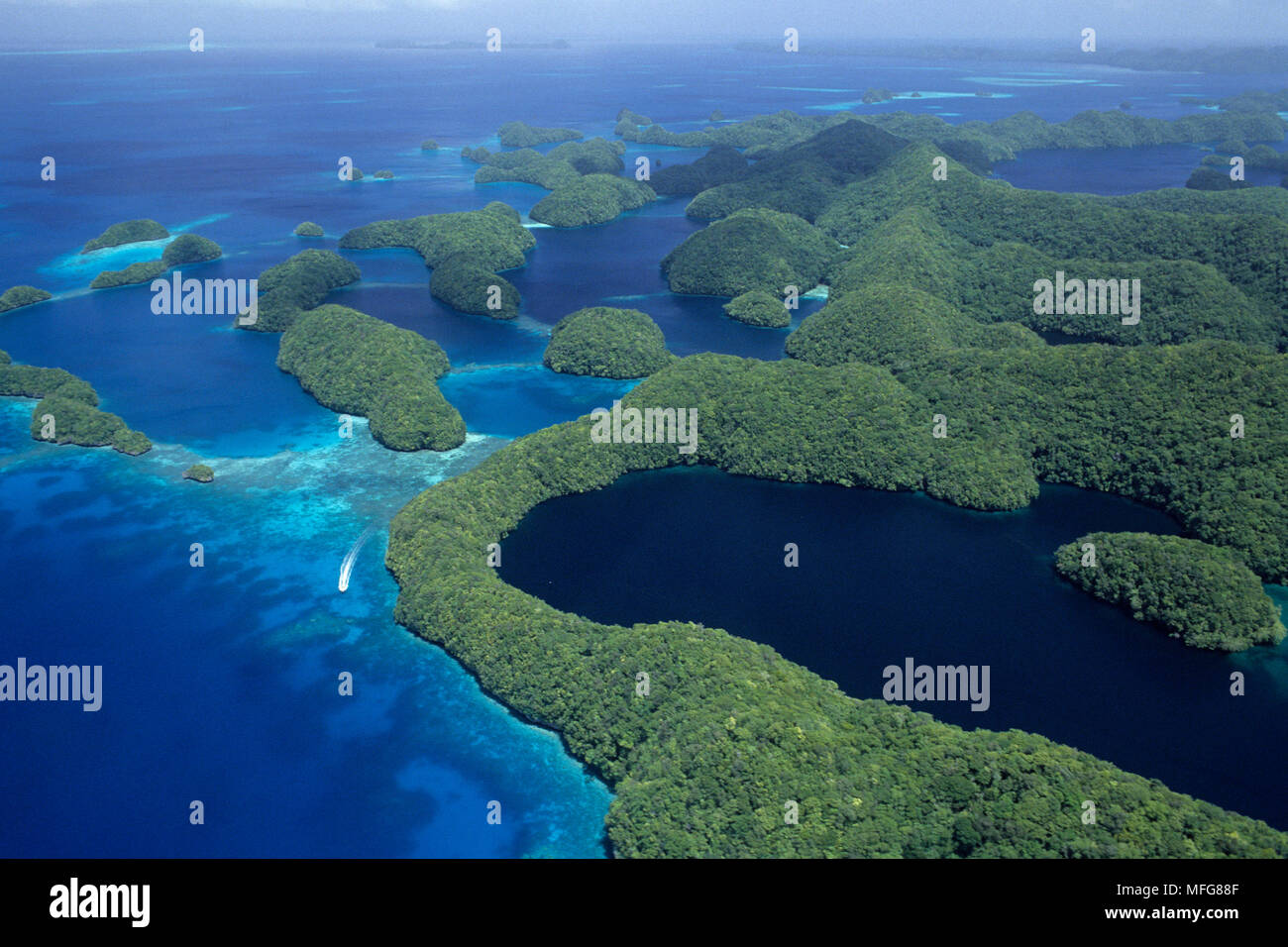Aerial view of Palau Islands, Palau (Belau), Micronesia, Pacific Ocean  Date: 23.07.08  Ref: ZB777 117155 0002  COMPULSORY CREDIT: Oceans-Image/Photos Stock Photo