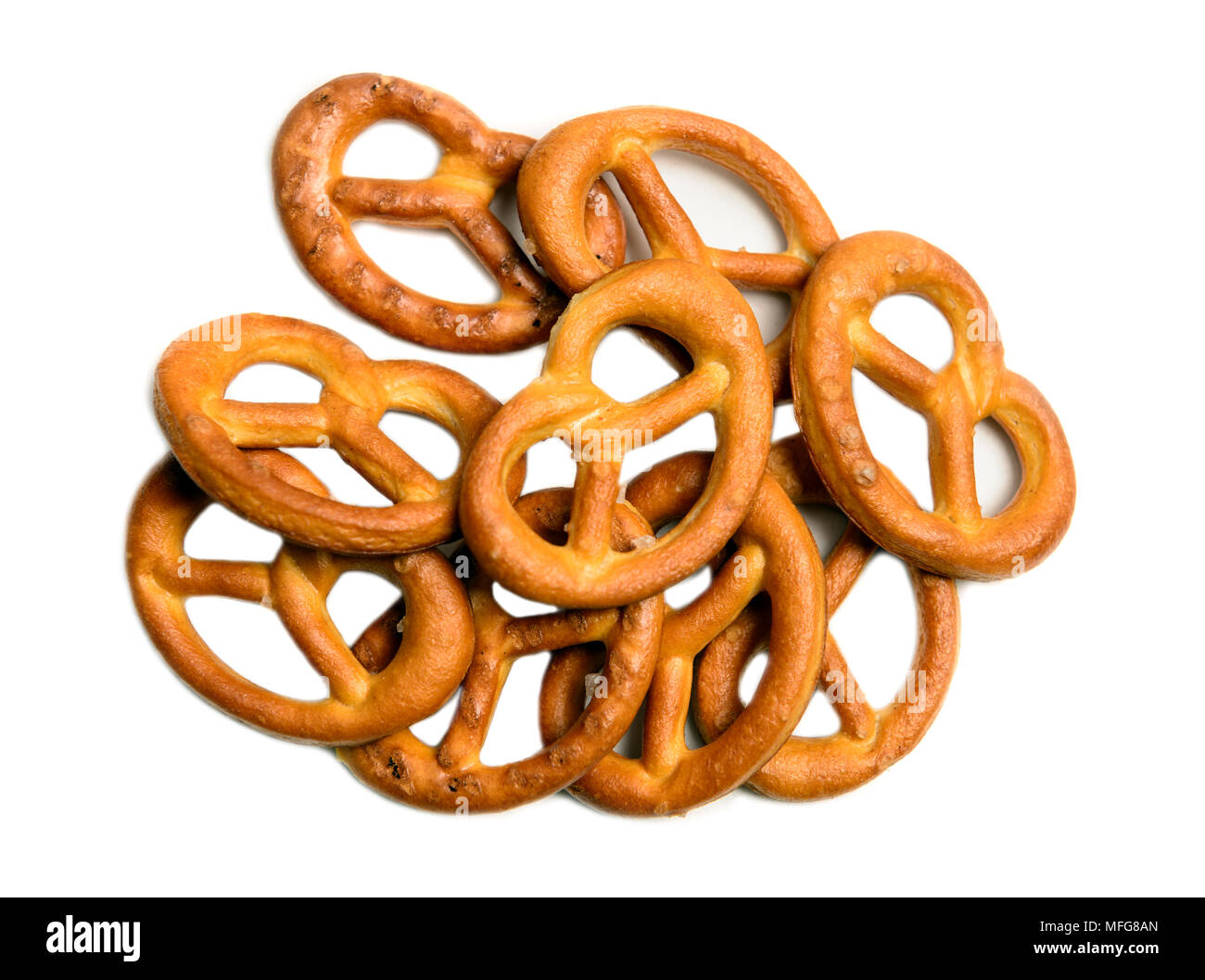 Salt pretzels on plate isolated white Top view Stock Photo Alamy