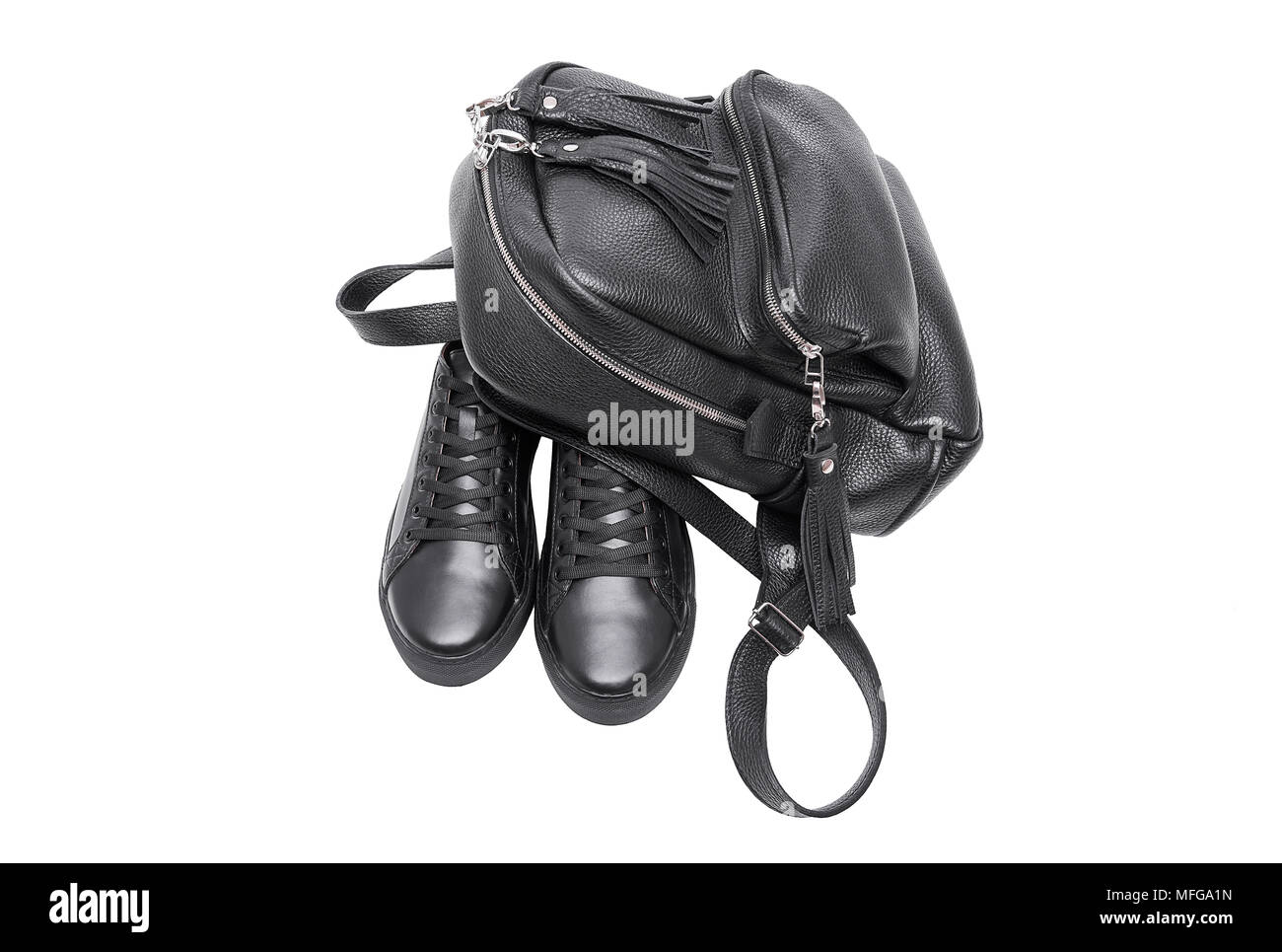 Shoes and leather backpack. Stock Photo