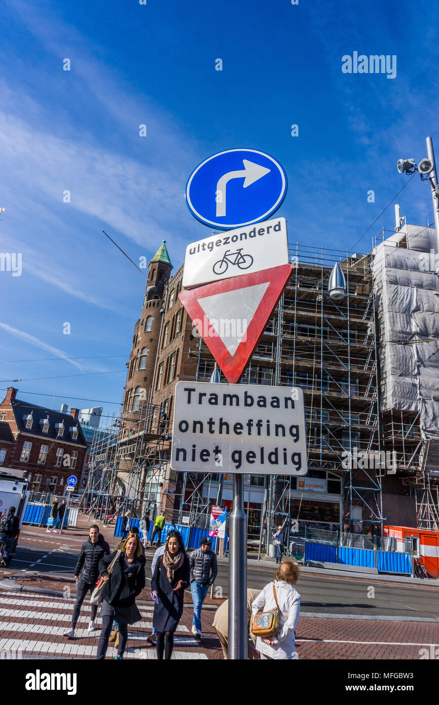 Bicycle and tram warning sign, Amsterdam, Netherlands, Europe. Stock Photo