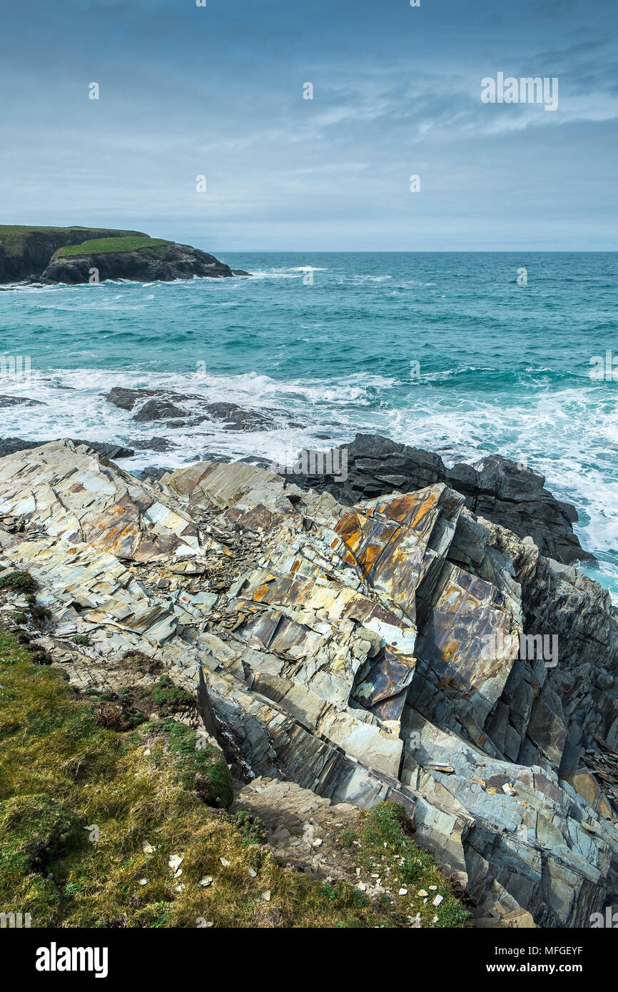 Shale rock on the coast around Treyarnon Bay on the North Cornwall coast. Stock Photo