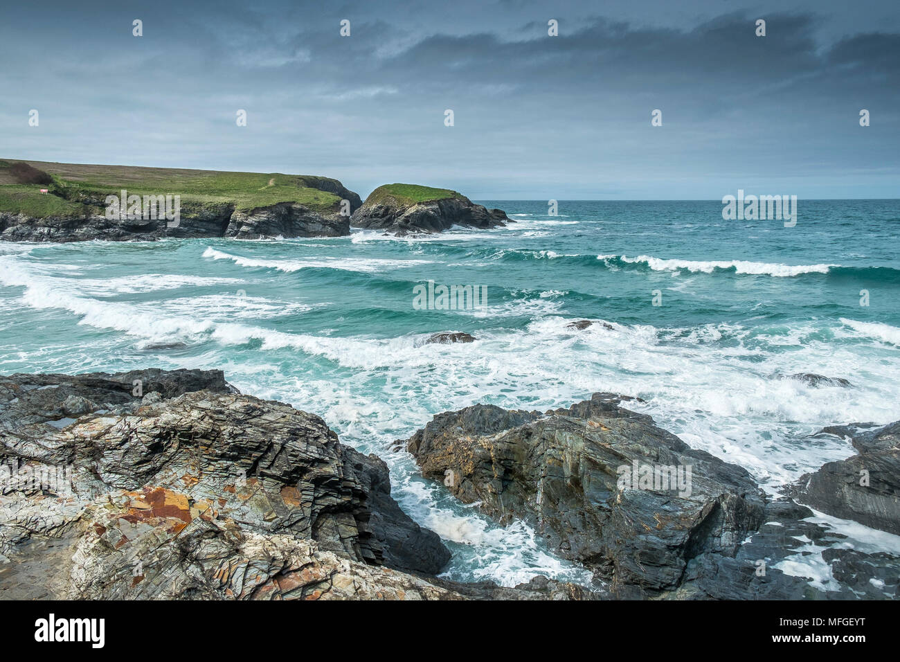 Shale rock on the coast of Treyarnon Bay on the North Cornwall coast. Stock Photo
