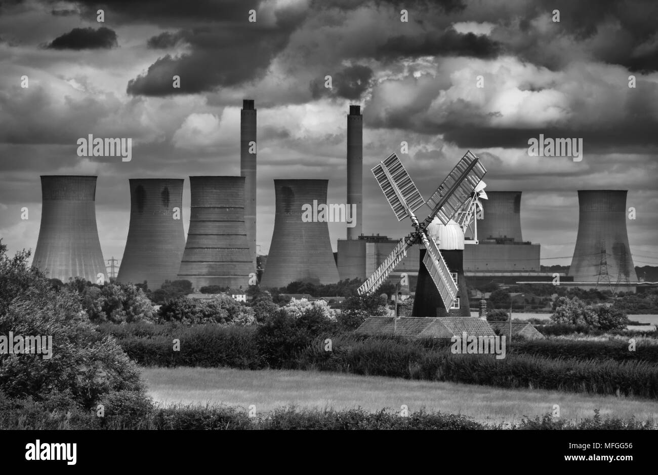 West Burton Power Station and North Leverton Windmill, United Kingdom. Stock Photo