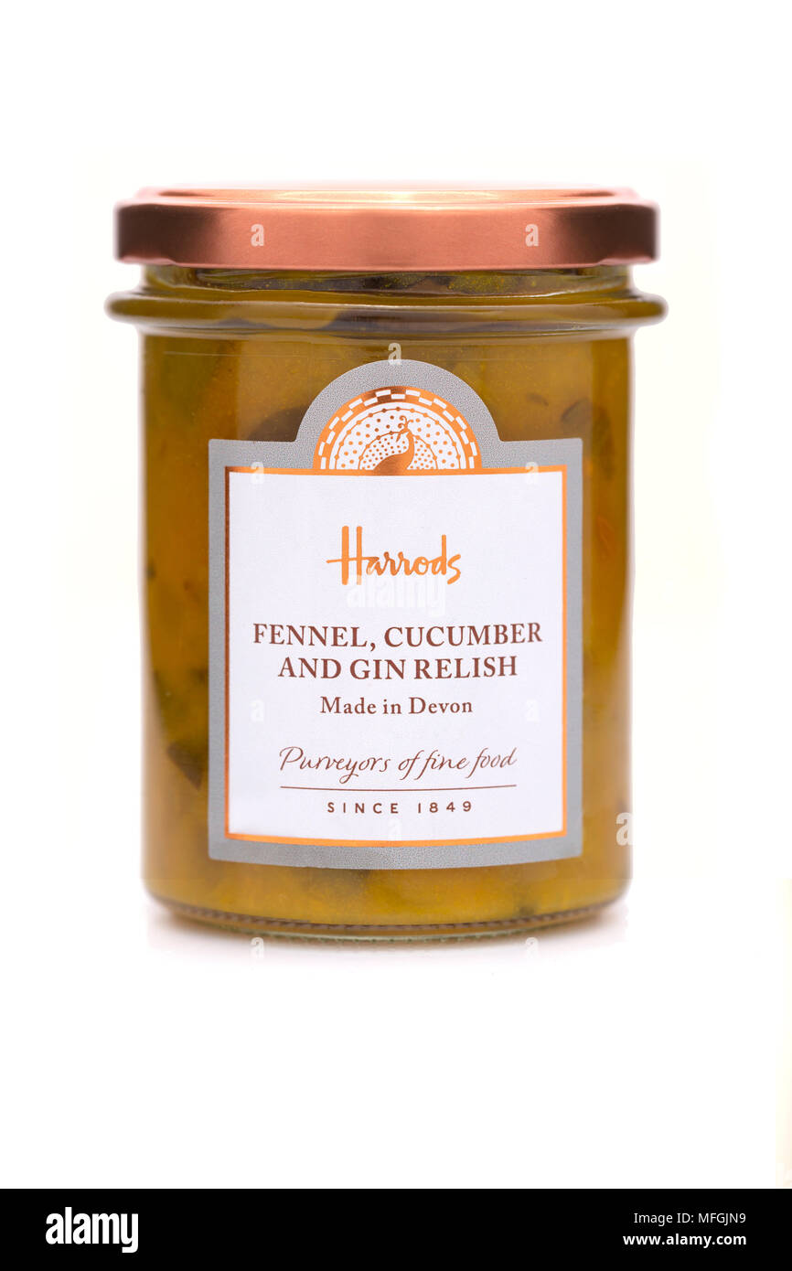 SWINDON, UK - APRIL 25, 2018: Jar of Harrods Fennel, Cucumber and Gin Relish on a white background Stock Photo