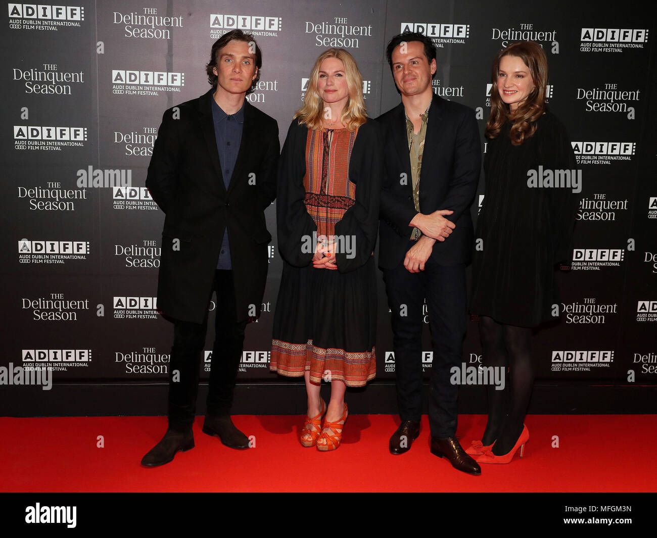 Actors (from left) Cillian Murphy, Eva Birthistle, Andrew Scott and Catherine Walker arrive for the world premiere of 'The Delinquent Season' at Cineworld in Dublin. Stock Photo