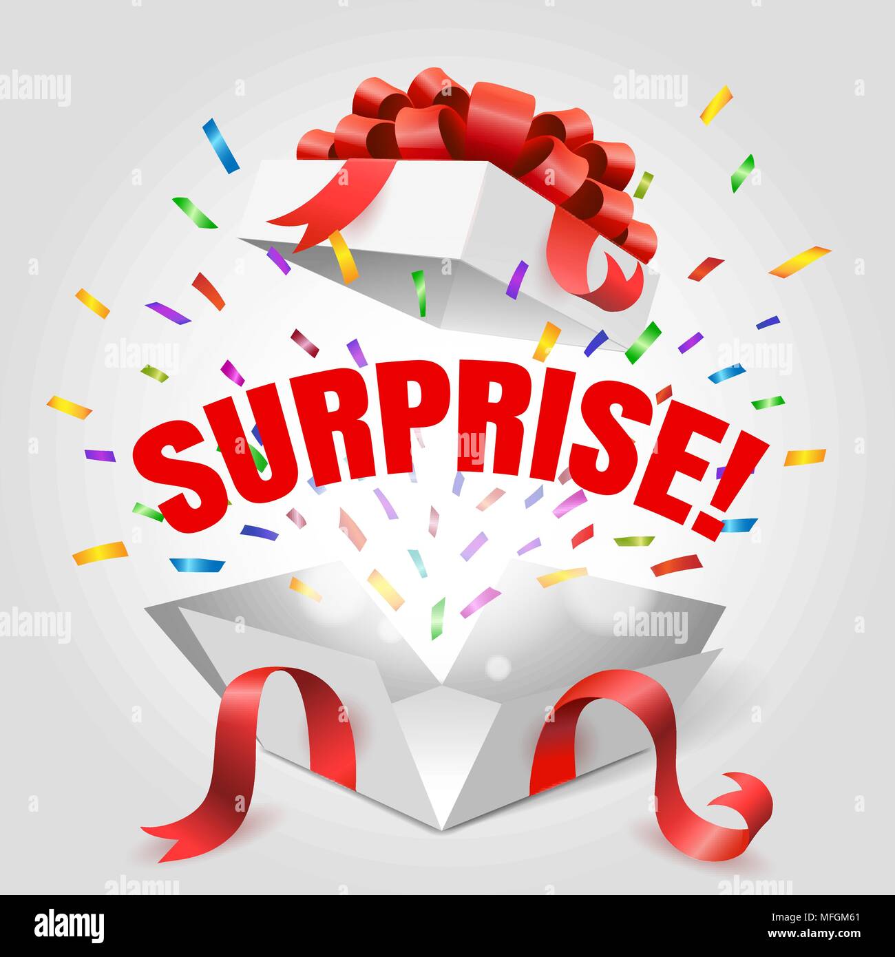 Surprise box. Vector open gift box with surprise text and red ribbon  isolated on white background for present ilustration Stock Vector Image &  Art - Alamy