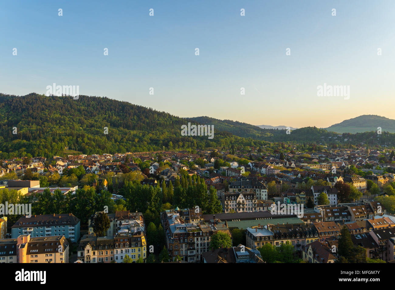 Germany, Green city Freiburg im Breisgau from above between nature forest landscape Stock Photo