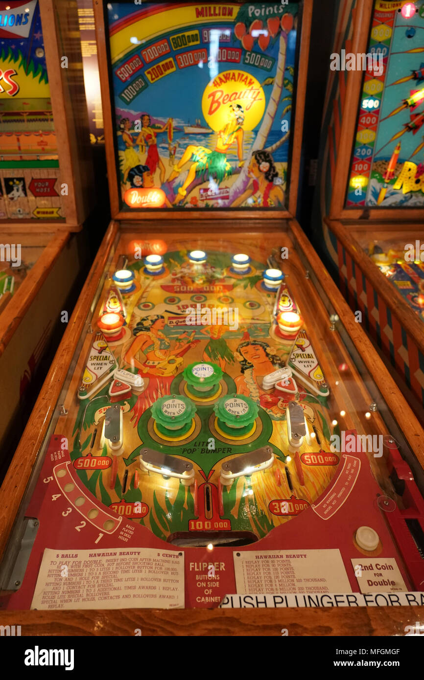 A 1954 Gottlieb Hawaiin Beauty pinball machine in an amusement arcade in Asbury Park, New Jersey, in the United States. From a series of travel photos Stock Photo
