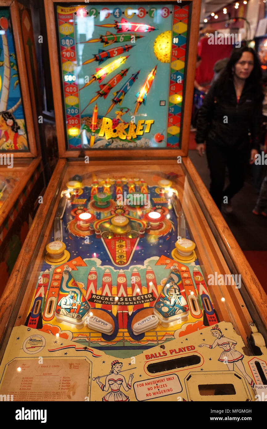 A 1959 Rocket pinball machine in Asbury Park, New Jersey, in the United States. From a series of travel photos in the United States. Photo date: Wedne Stock Photo