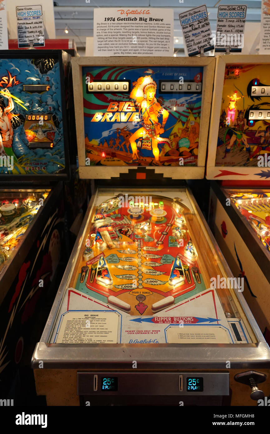A 1974 Gottlieb Big Brave pinball machine in Asbury Park, New Jersey, in the United States. From a series of travel photos in the United States. Photo Stock Photo