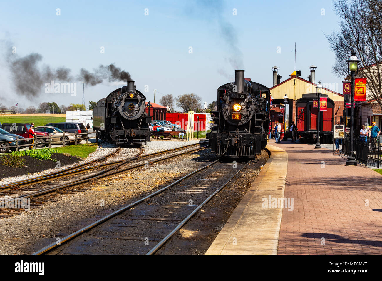 Strasburg, PA, USA - April 14, 2018:  The Strasburg Rail Road runs steam locomotives at the train station in Lancaster County, PA. Stock Photo