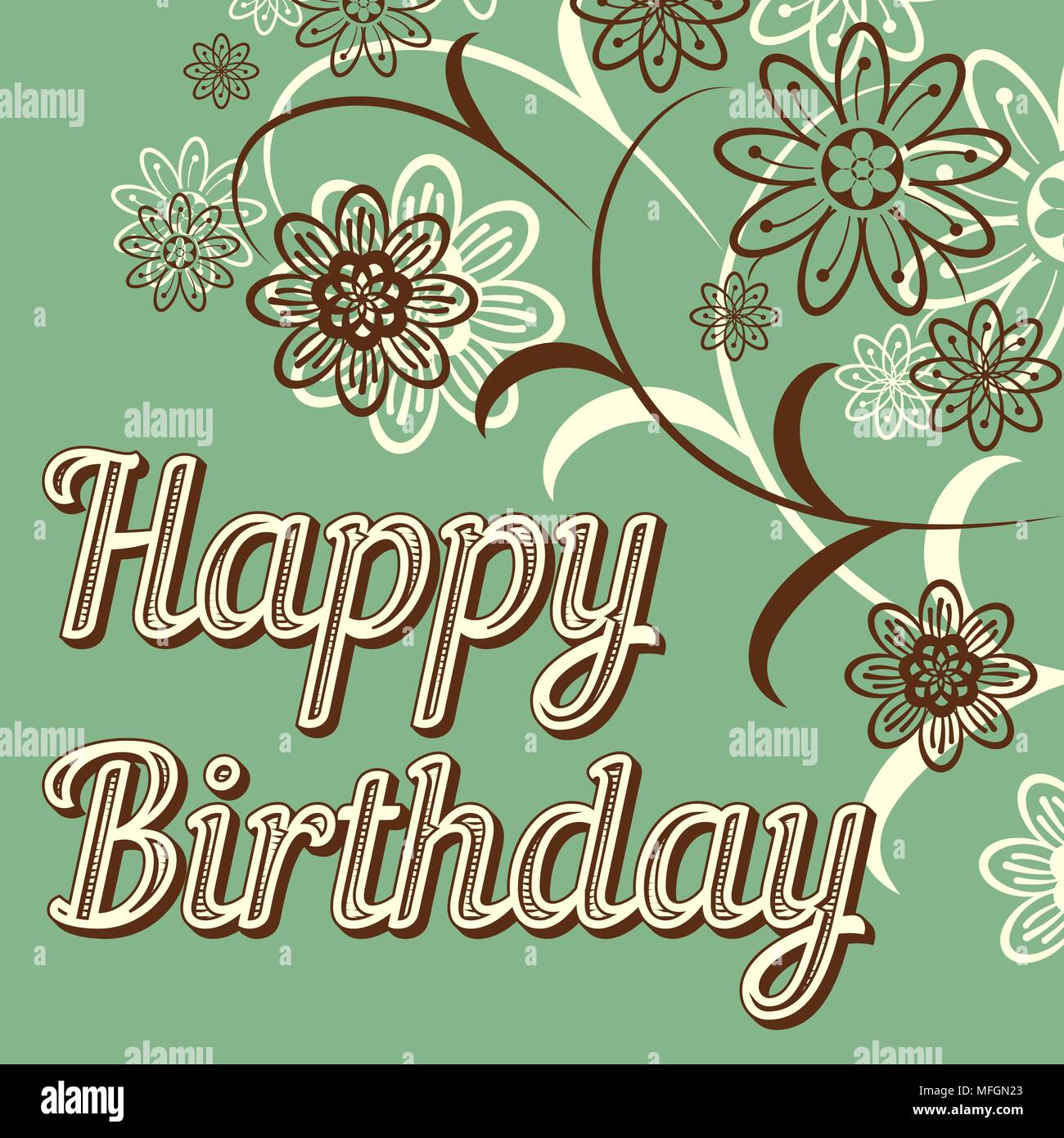 Vintage retro happy birthday card, with fonts, grunge frame and chevrons. Beautiful flowers. Vector illustration Stock Vector