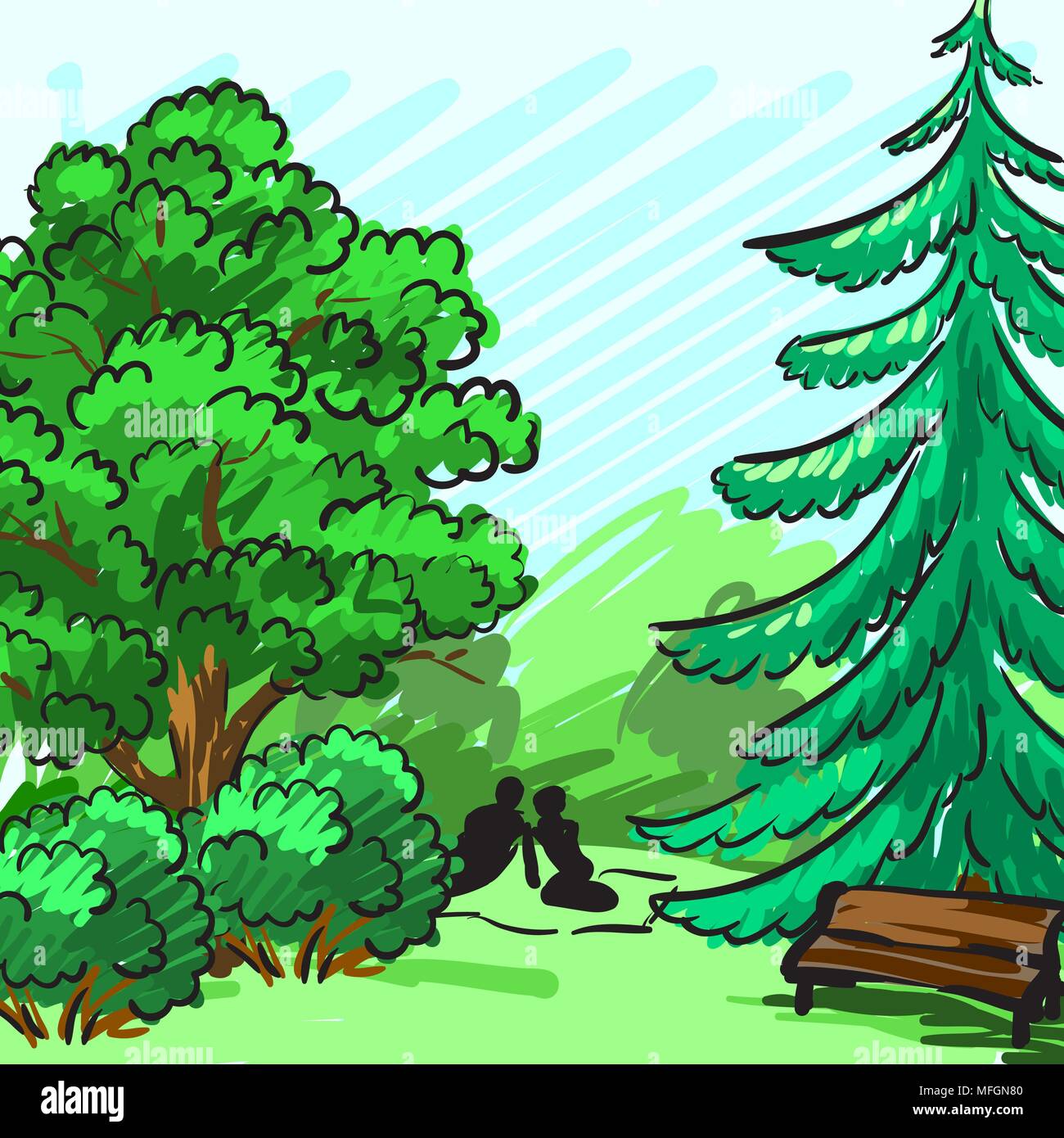 Spruce and green tree in the background. Park, an empty bench, a couple on a picnic. Corporate identity is drawn by hand. Vector illustration Stock Vector