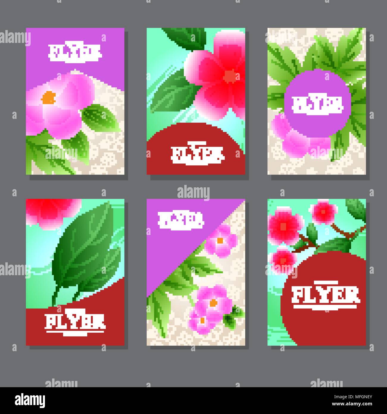 Set of rectangular cards with red and pink flowers for your design ...