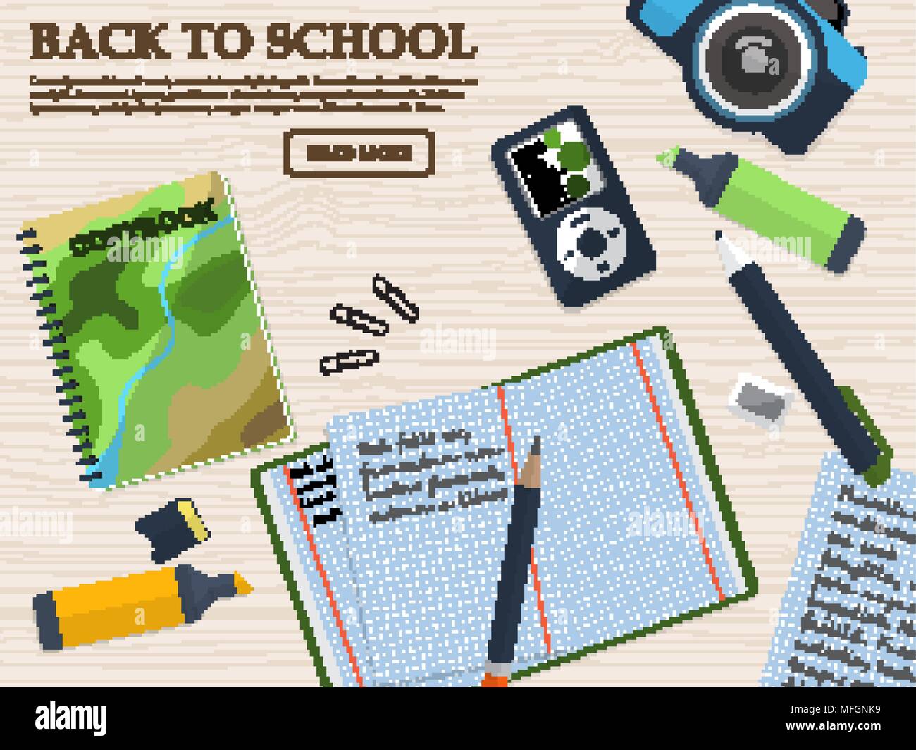 Working student desk with copybook and stationery. With place for your text. Vector illustration Stock Vector