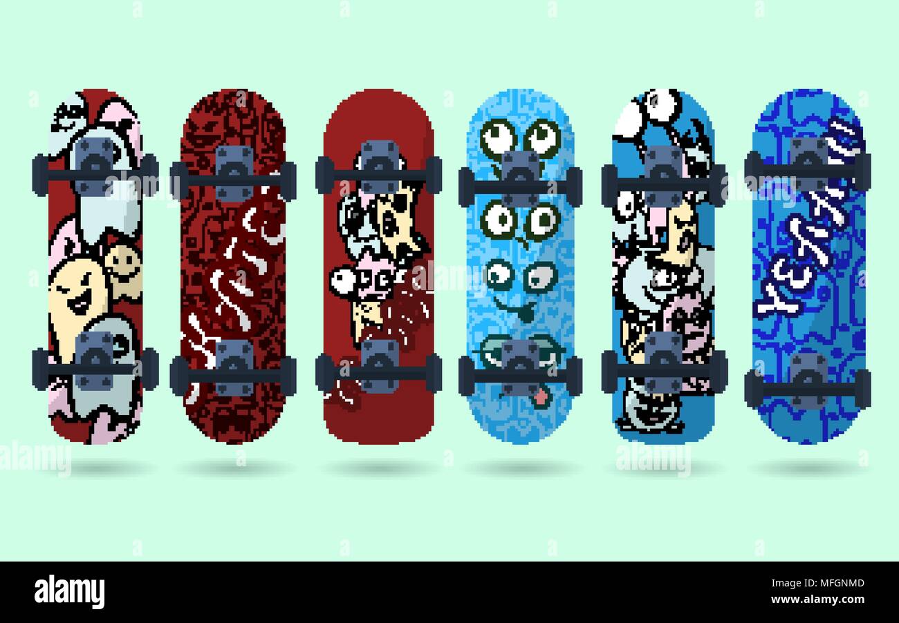Collection of blue and red skateboard with monsters on a light ...