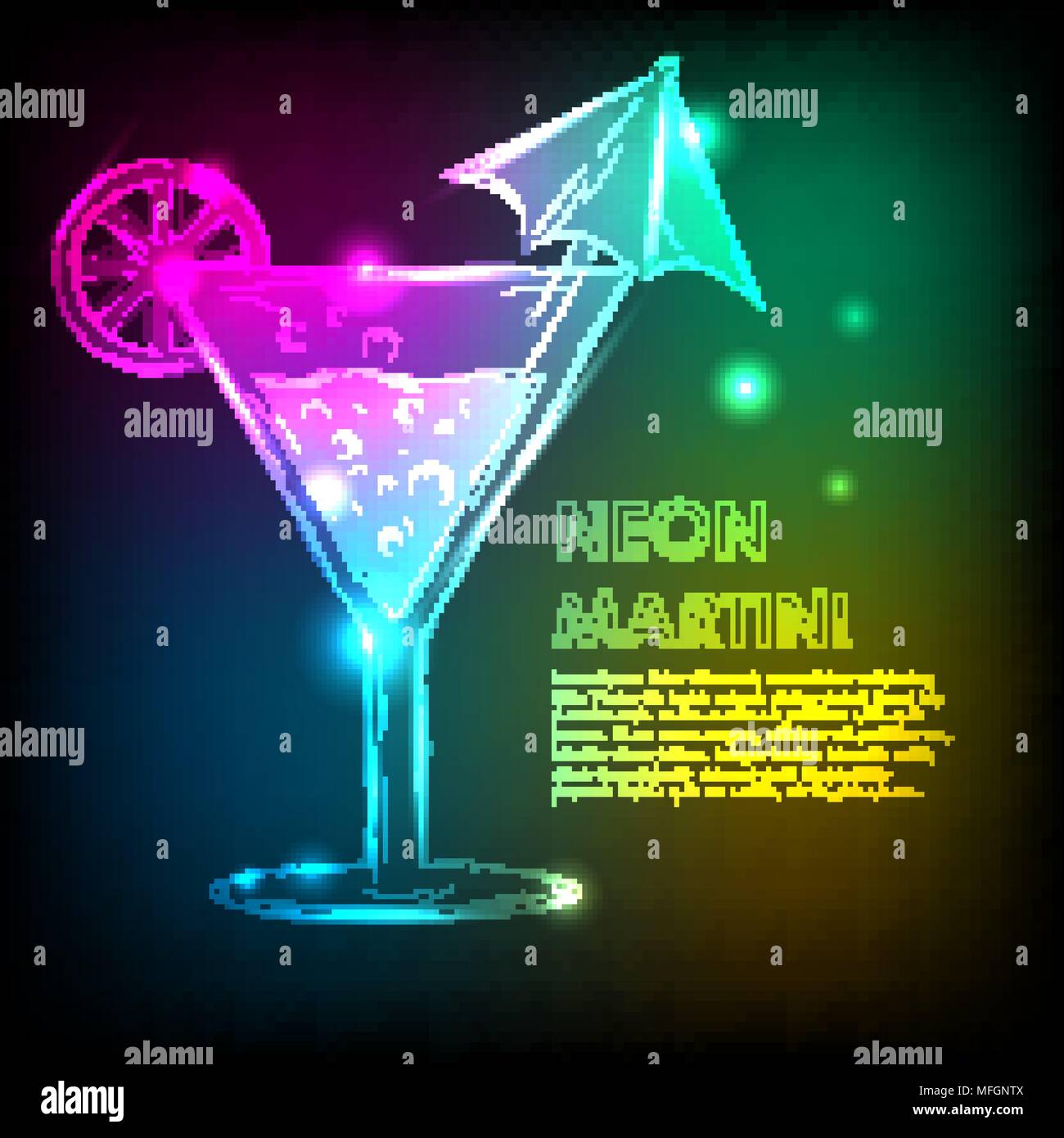 Martini glass with bright background and a neon glow. Vector Stock