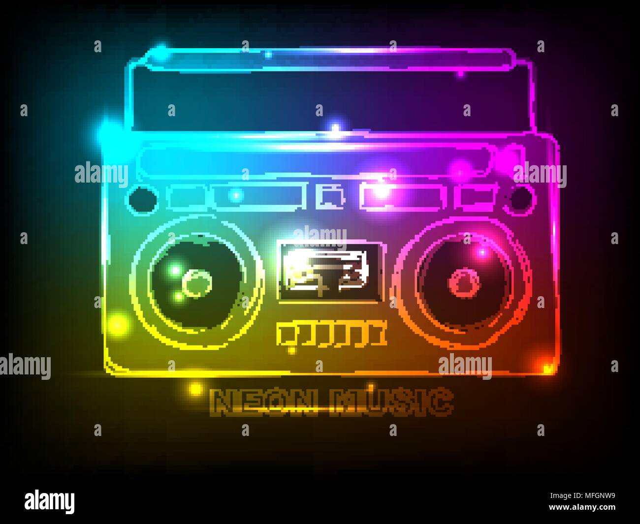 Bright tape recorder with elements of colorful neon for your design. Vector illustration Stock Vector