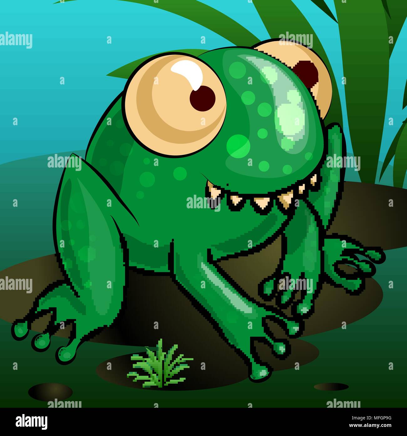 A merry cartoon frog is sitting on a swamp. Vector illustration Stock Vector