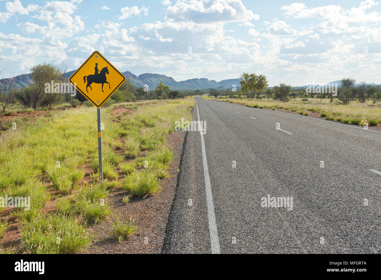 Horse rider warning sign. Larapinta Drive, Highway 6, Alice Springs Stock Photo