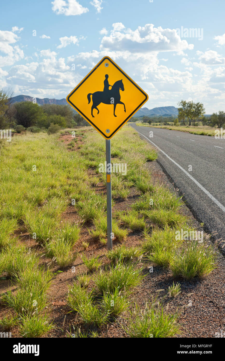 Horse rider warning sign. Larapinta Drive, Highway 6, Alice Springs Stock Photo