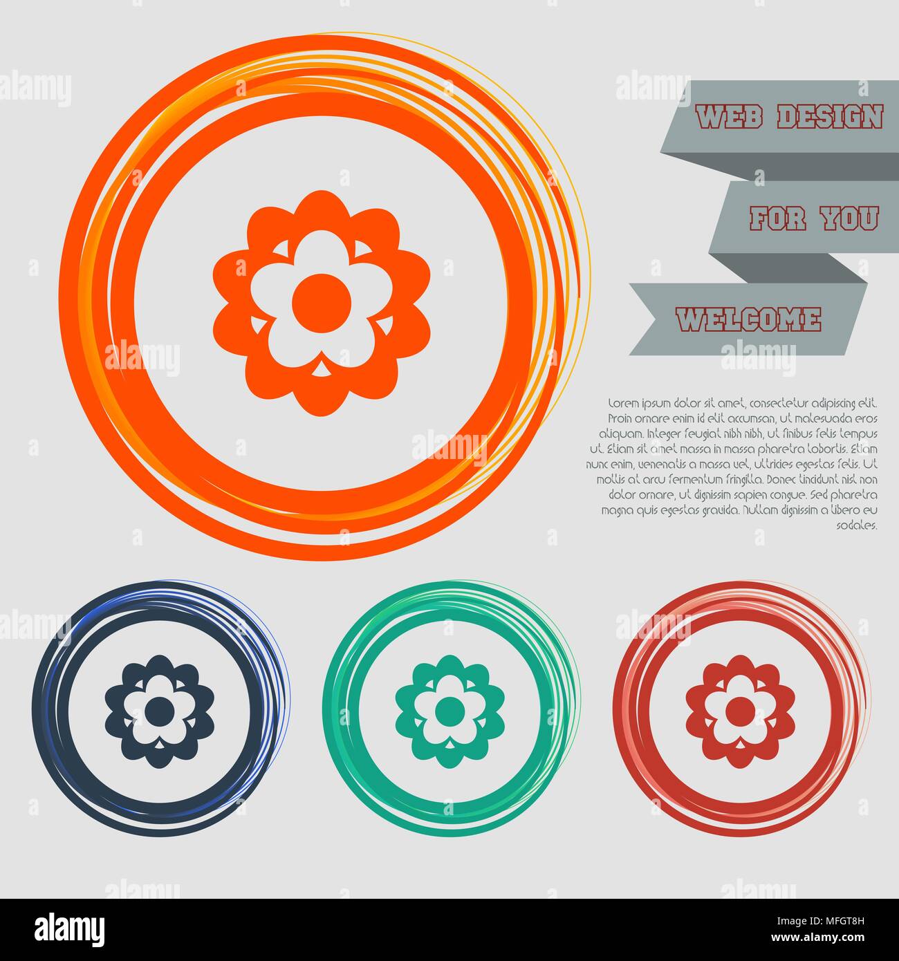 flower icon on the red, blue, green, orange buttons for your website and design with space text. Vector illustration Stock Vector