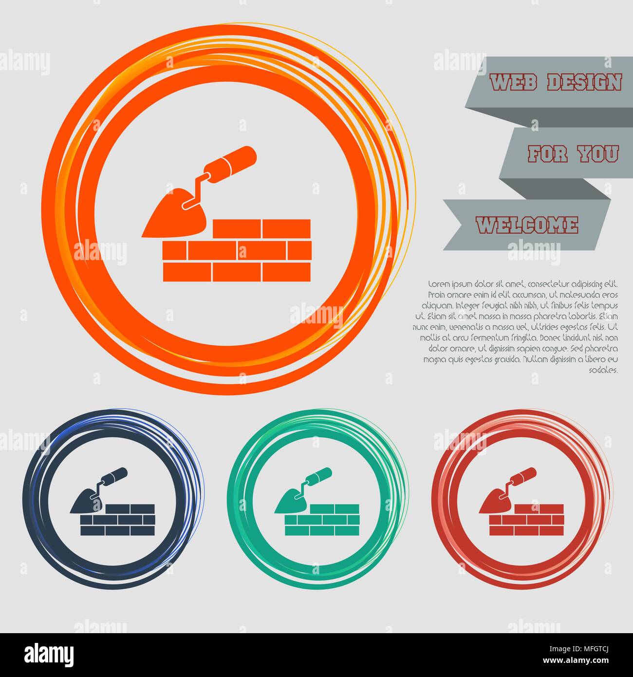Trowel building and brick wall icon on the red, blue, green, orange ...